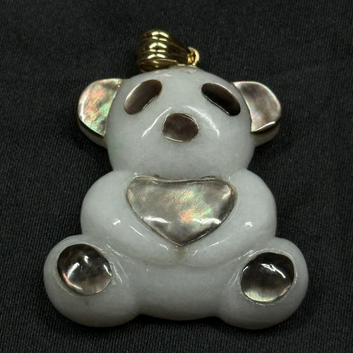 14K Gold Teddy Panda Bear Pendant Mother of Pearl Heart Charm