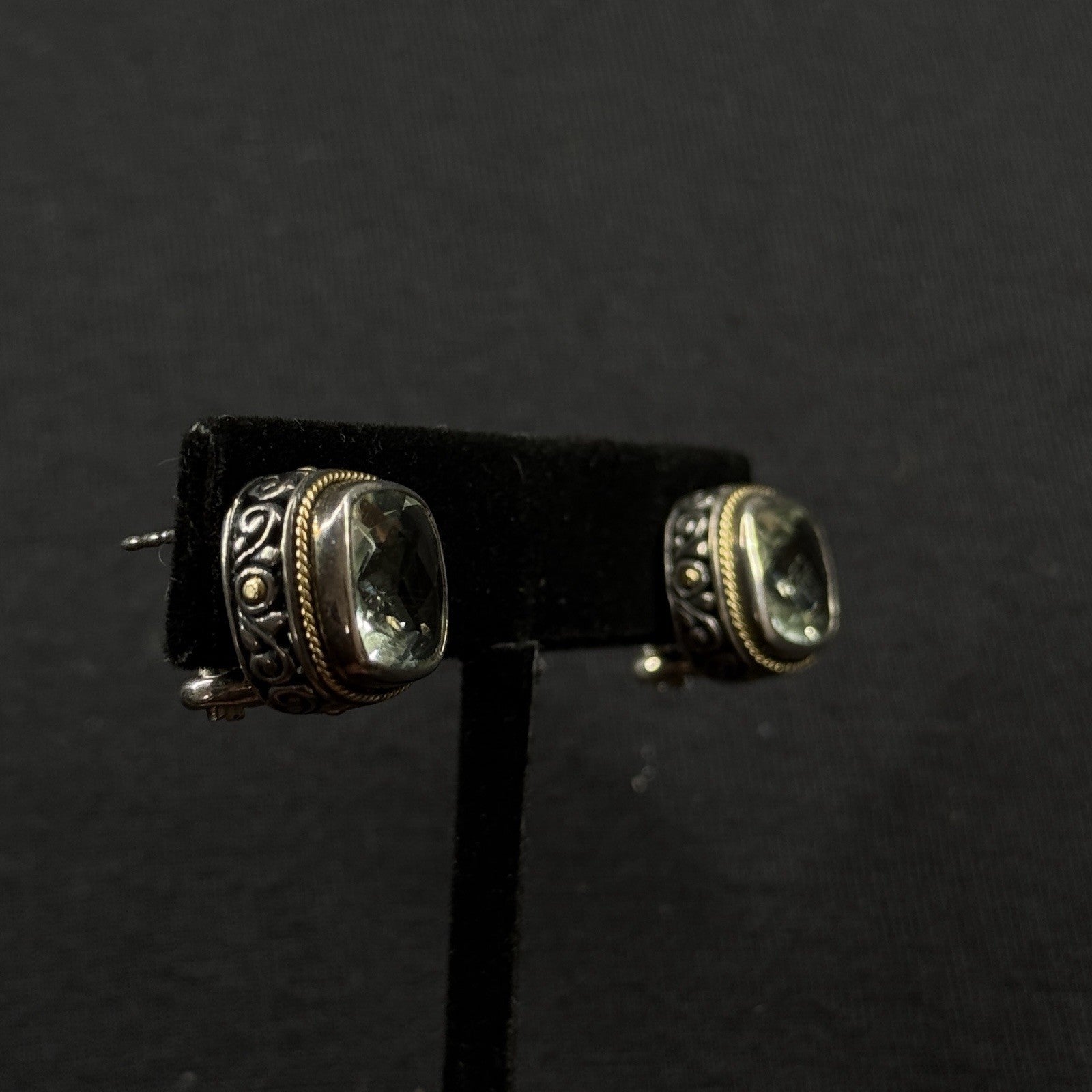 Samuel B Behnam BJC Estate Sterling Silver & 18k Green Amethyst Quartz Earrings