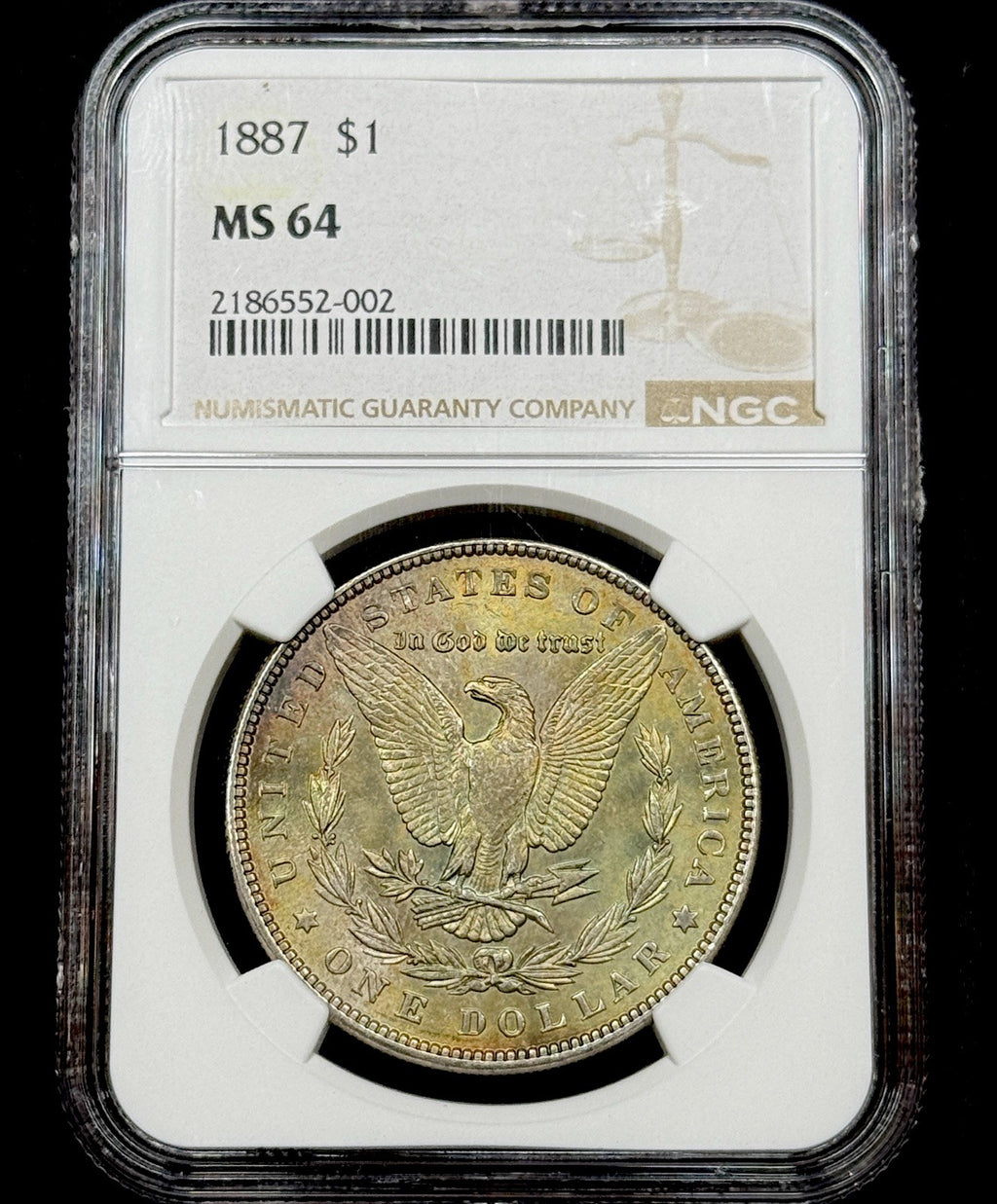1887 Morgan Silver Dollar NGC MS64 Toned Reverse Mount