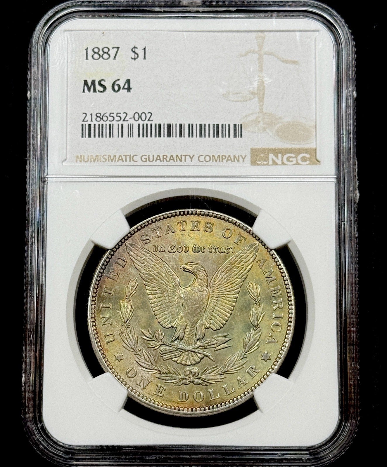 1887 Morgan Silver Dollar NGC MS64 Toned Reverse Mount