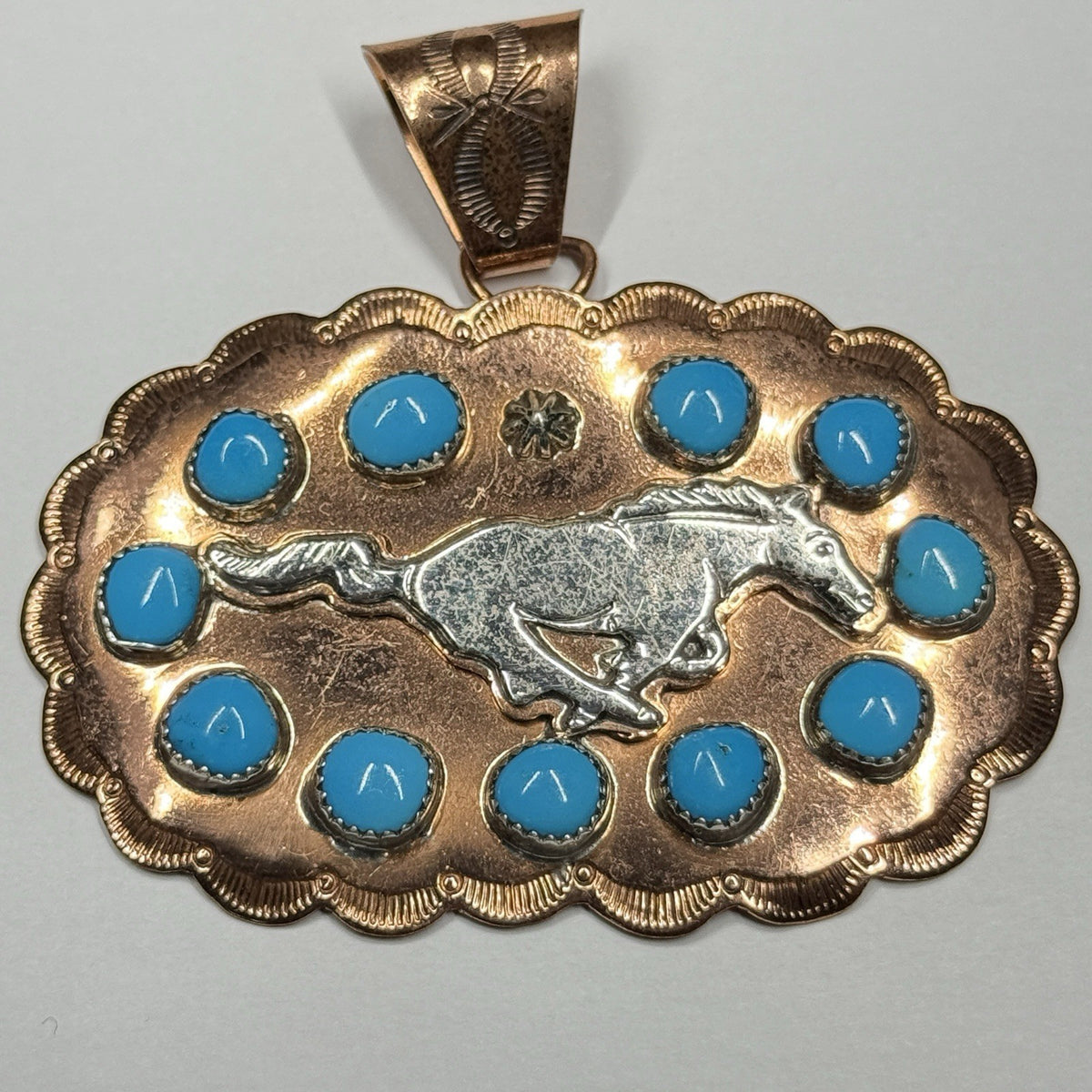 Running Bear Copper Turquoise Large Running Horse Pendant Stamped RB 925 Native