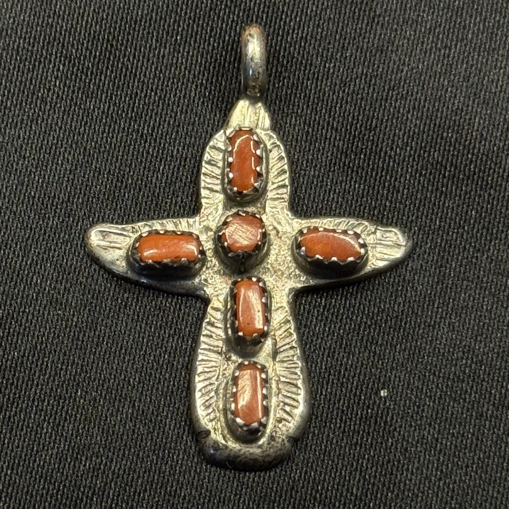 Native American Sterling Silver Pendant Coral Cactus Signed C.IULE  Zuni