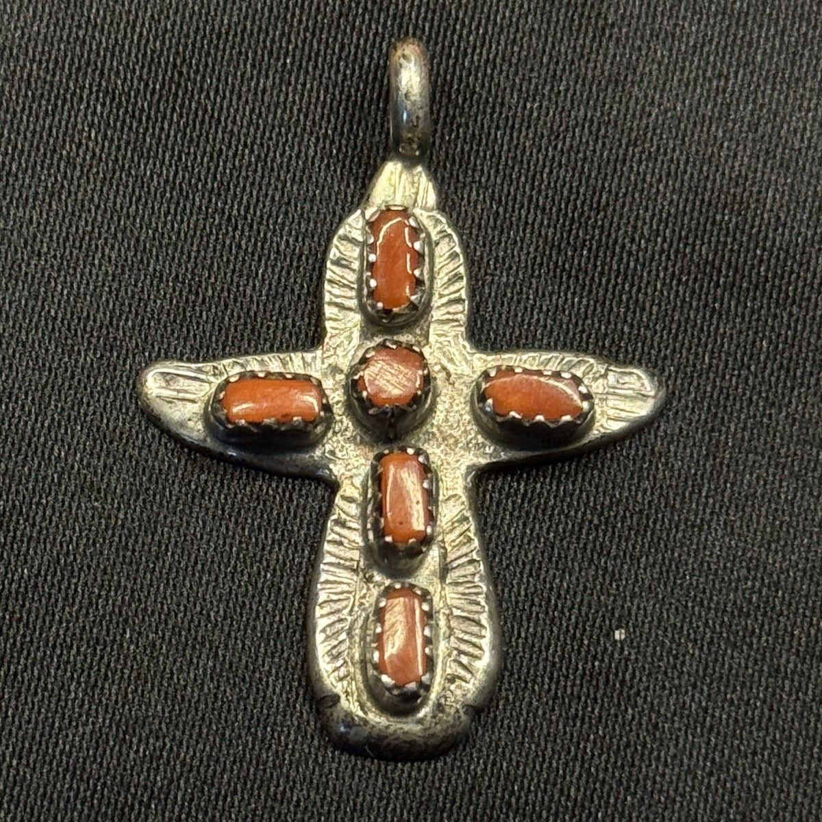 Native American Sterling Silver Pendant Coral Cactus Signed C.IULE  Zuni
