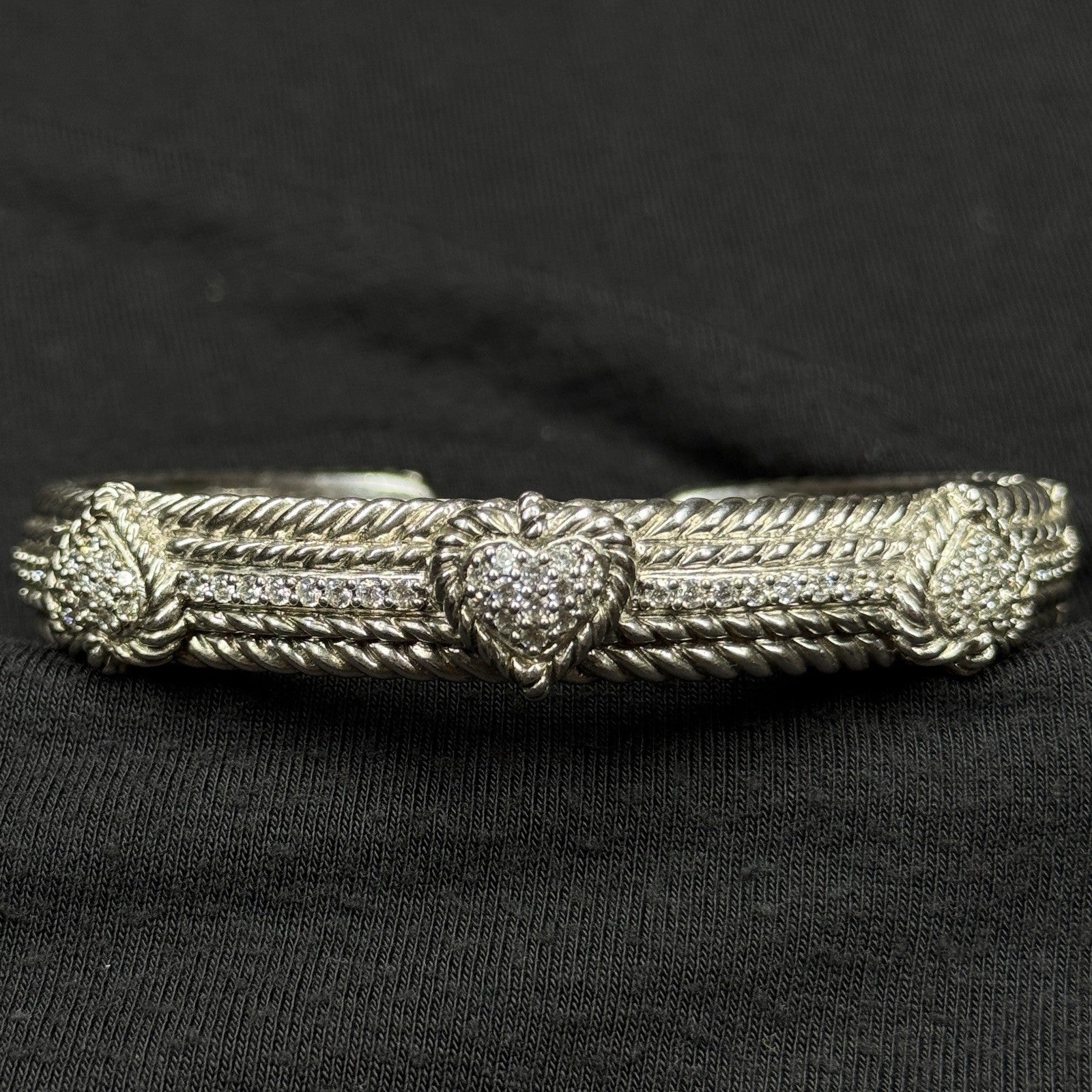 Estate Judith Ripka Sterling Silver Cuff Bracelet 3 Heart Design CZ