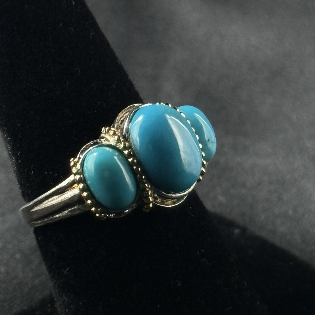 Estate Sterling Silver Ring Turquoise Vermeil 3 Stone Size 6 925