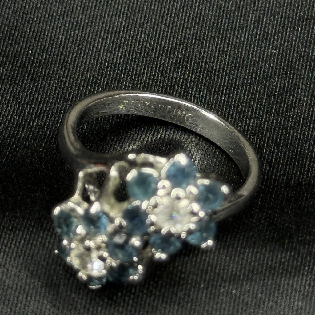 Estate Sterling Silver Ring Double Flower Cluster Blue Size 6 925