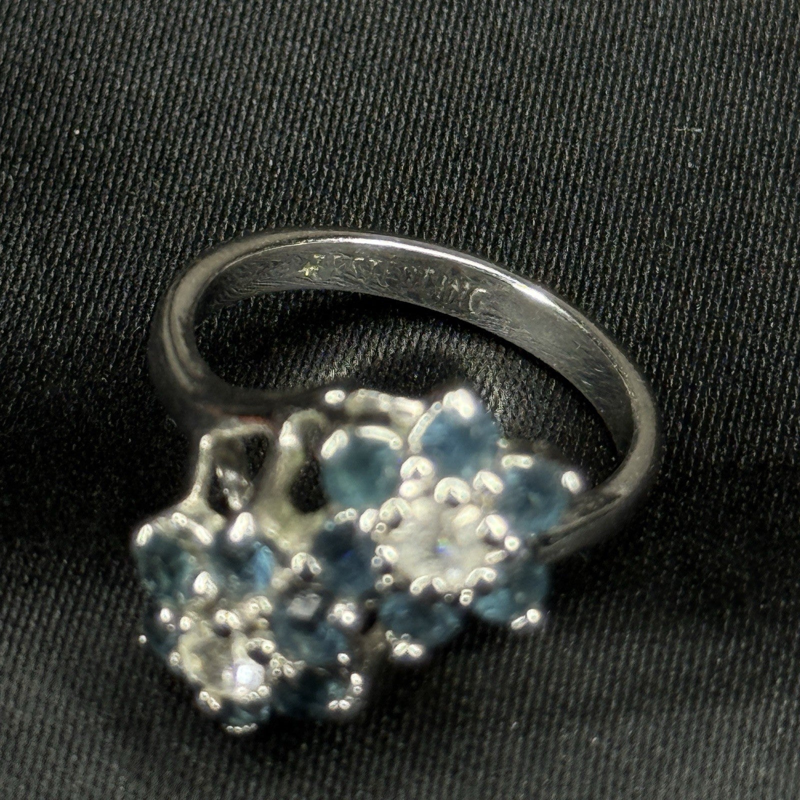Estate Sterling Silver Ring Double Flower Cluster Blue Size 6 925