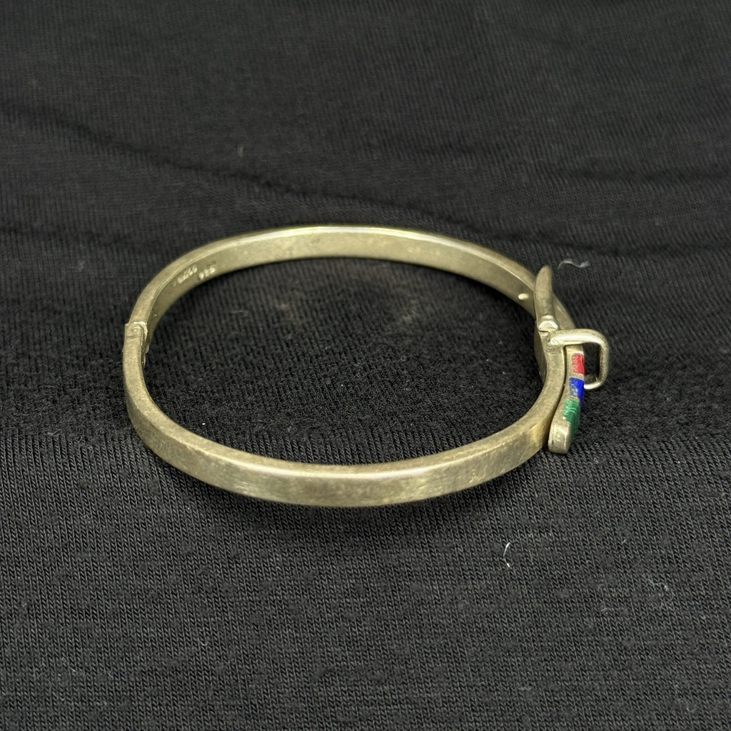 Estate Sterling Silver Belt Buckle Stone Inlay Bangle Bracelet Cuff 925 Mexico