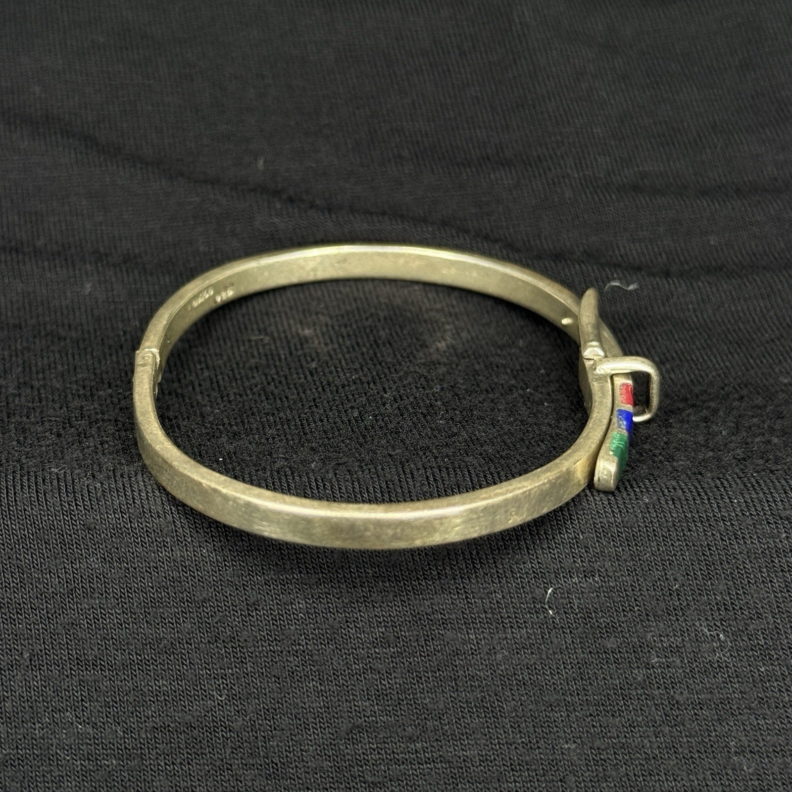 Estate Sterling Silver Belt Buckle Stone Inlay Bangle Bracelet Cuff 925 Mexico