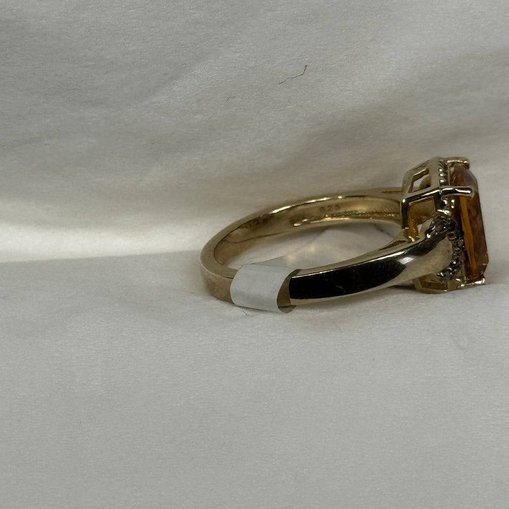 New Estate Sterling Silver Ring 925 Size 7.5 Orange Stone Gold Plated