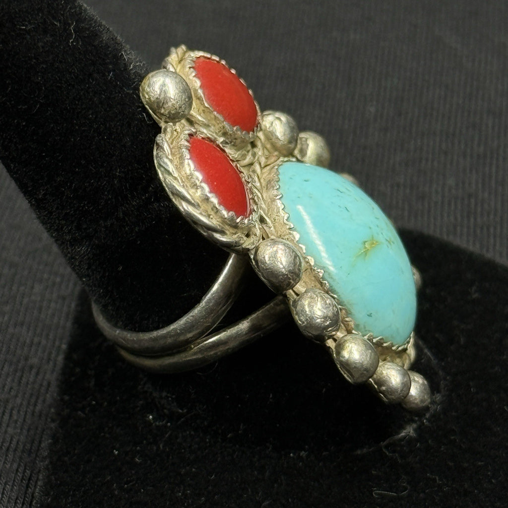 Native Turquoise Coral Large Unique Sterling Silver Ring Size 8 925
