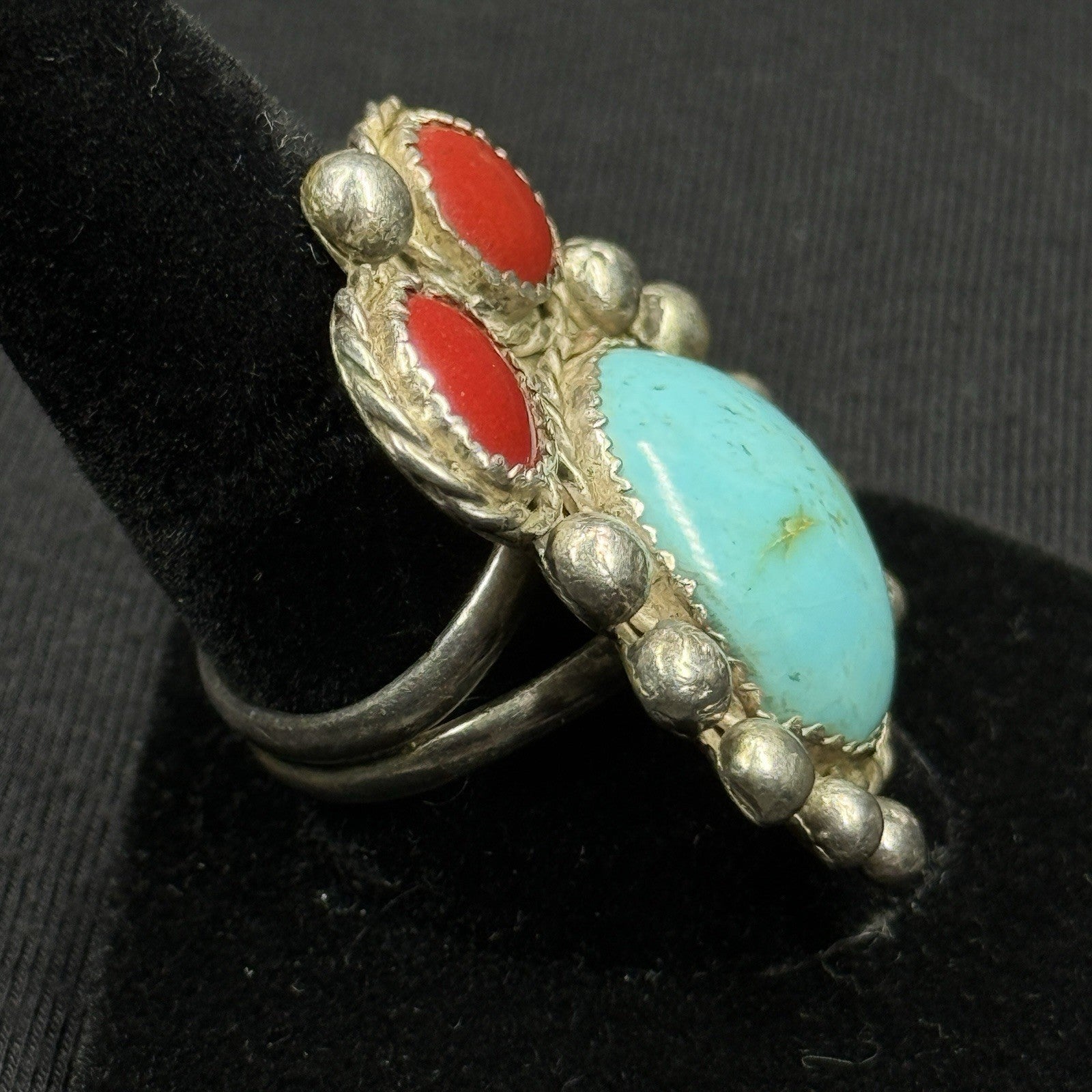 Native Turquoise Coral Large Unique Sterling Silver Ring Size 8 925