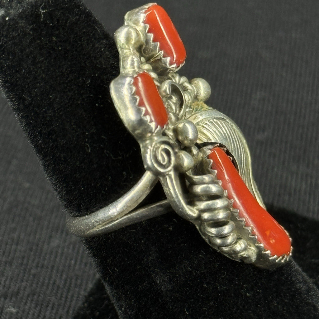 Native Red Coral Feather Vine Sterling Silver Ring Size 5.5 925 XZR