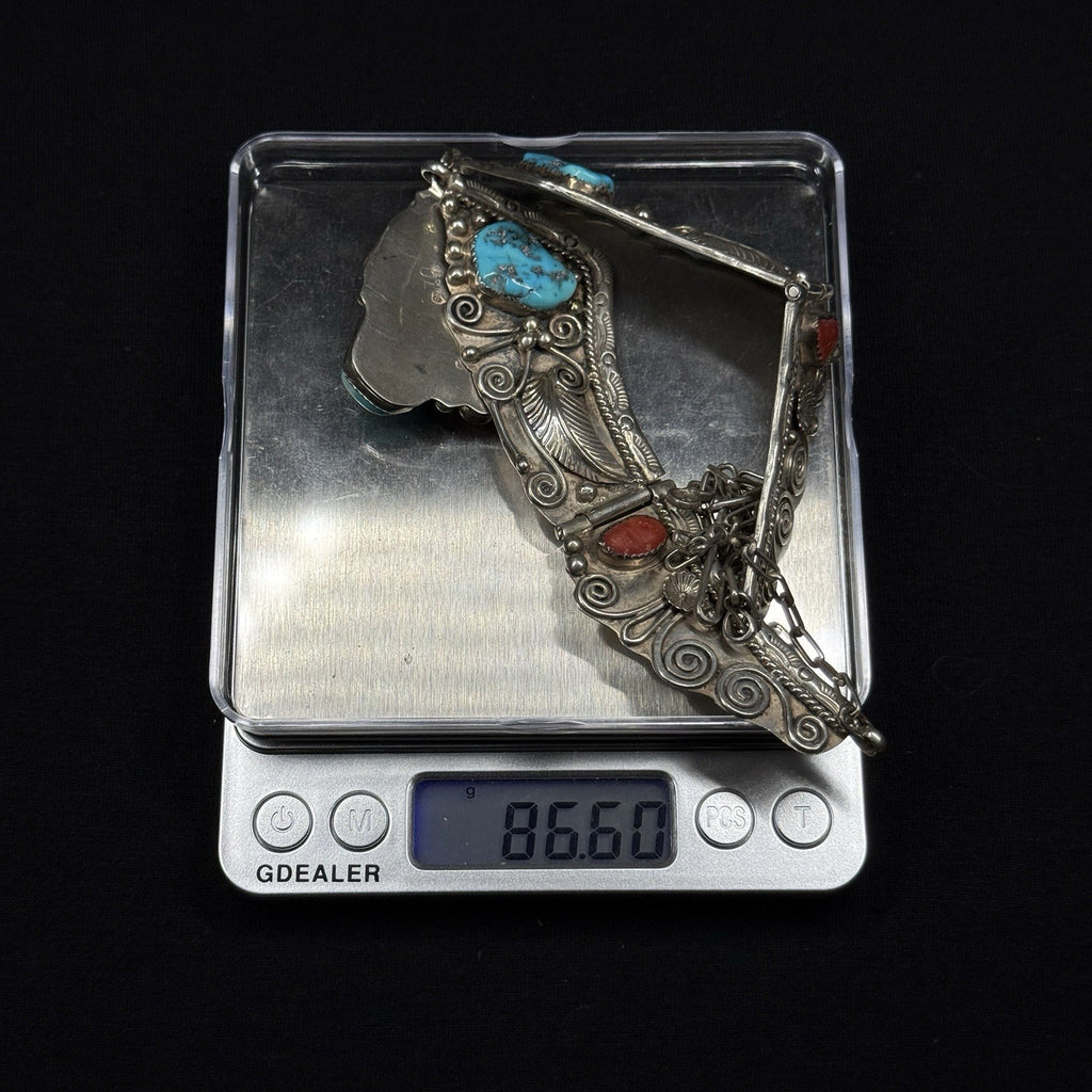 Native American Sterling Silver Turquoise Coral Bib Collar Necklace 925 JL 86g