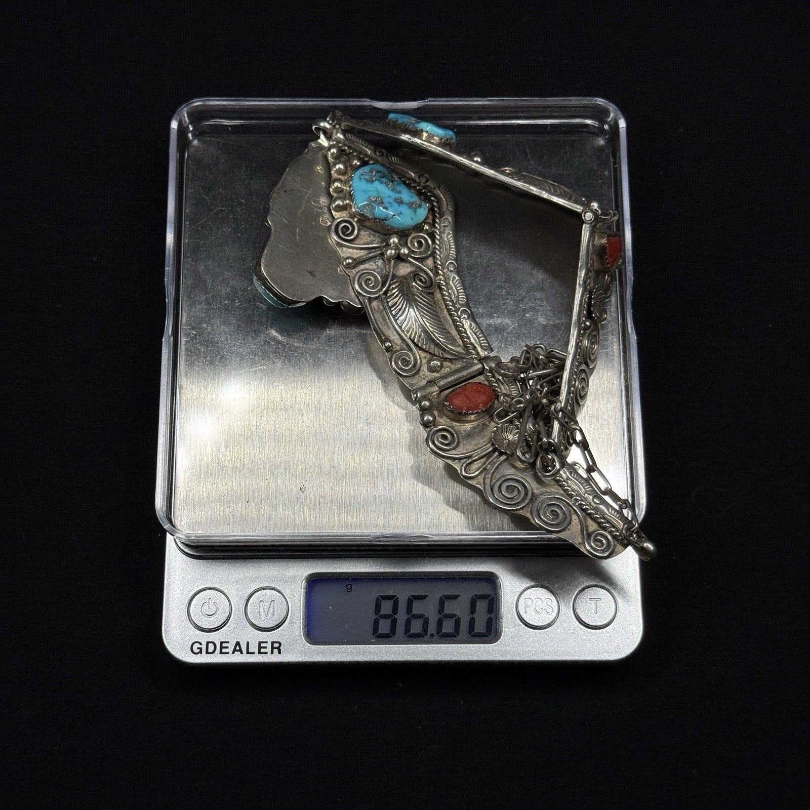 Native American Sterling Silver Turquoise Coral Bib Collar Necklace 925 JL 86g