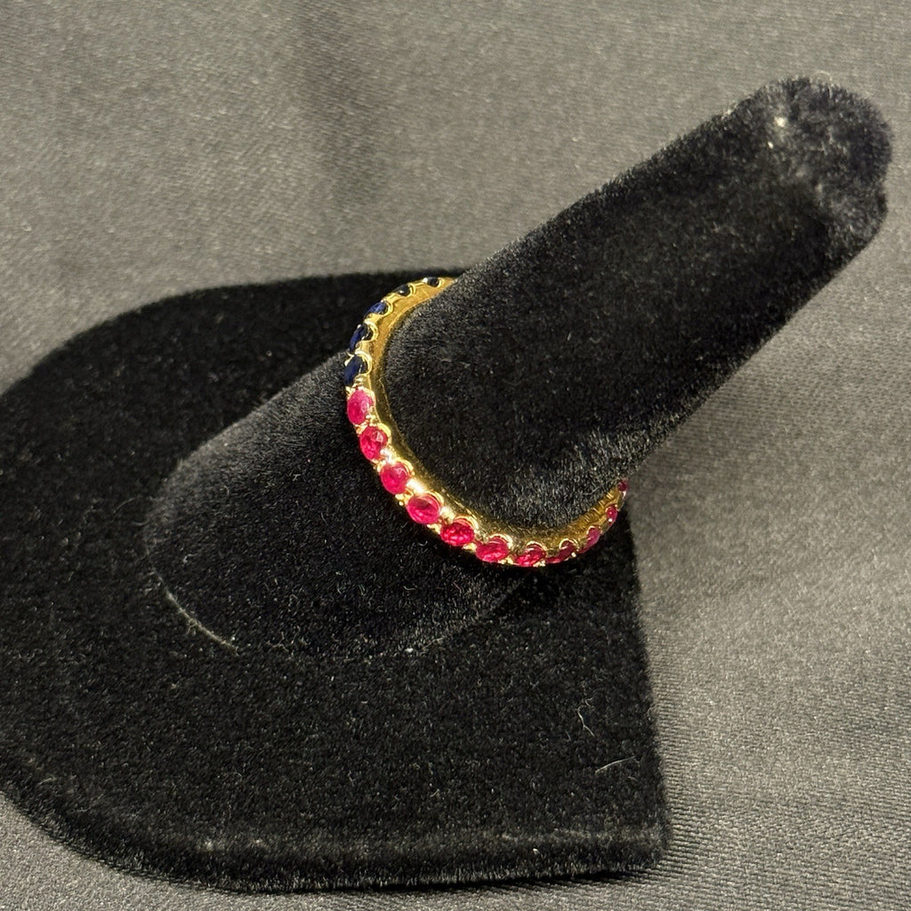 Estate Sterling Silver Gold Eternity Half Ring Rubies Sapphires Size 7.75 925