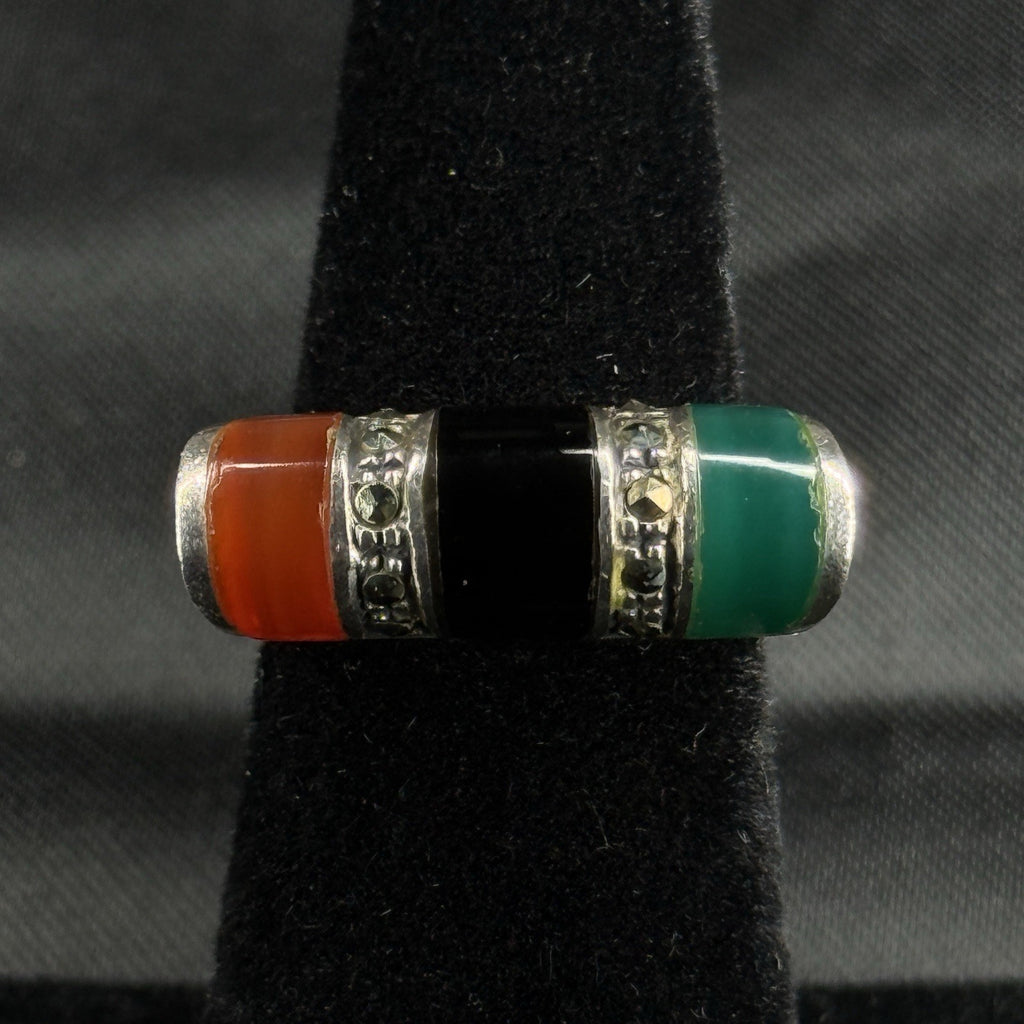 Estate Sterling Silver Ring Carnelian Oynx Marcasite Size 4.5 925