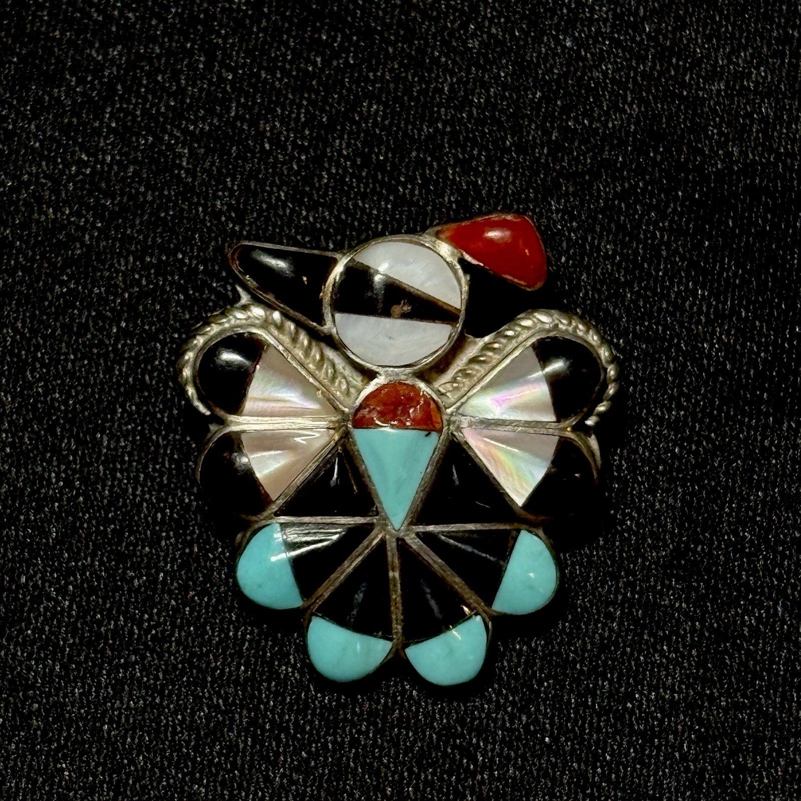 Zuni Thunderbird Pendant Pin Brooch Sterling Turquoise Coral MOP
