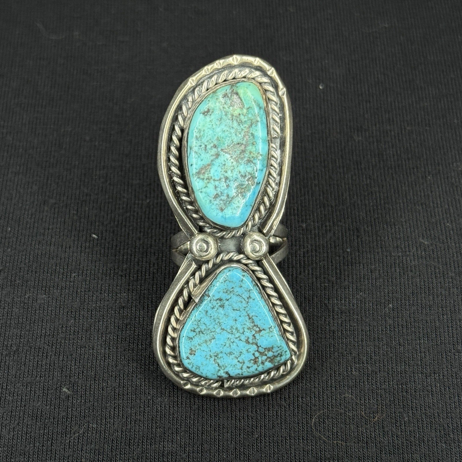 Large Native Double Turquoise Sterling Silver Ring Navajo Size 7 925 ZIT