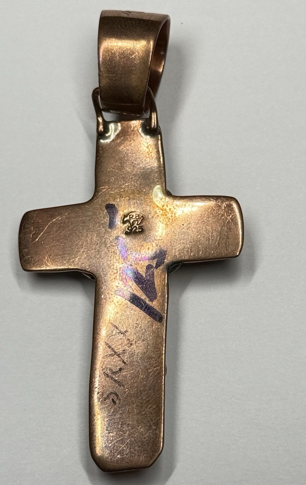 Running Bear Copper Turquoise Stone Cross Pendant Stamped RB 925 Native