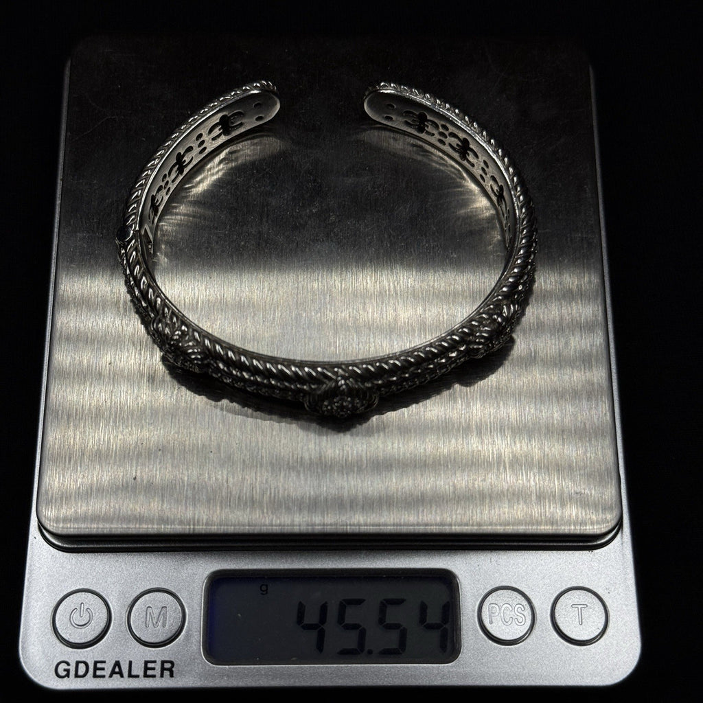 Estate Judith Ripka Sterling Silver Cuff Bracelet 3 Heart Design CZ
