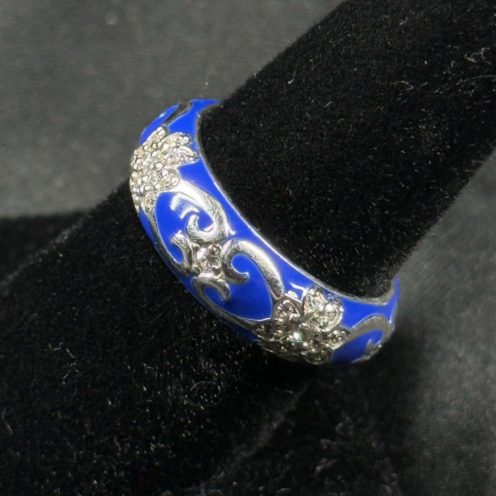 Estate Sterling Silver Ring Blue Enamel CZ Floral Size 7 925