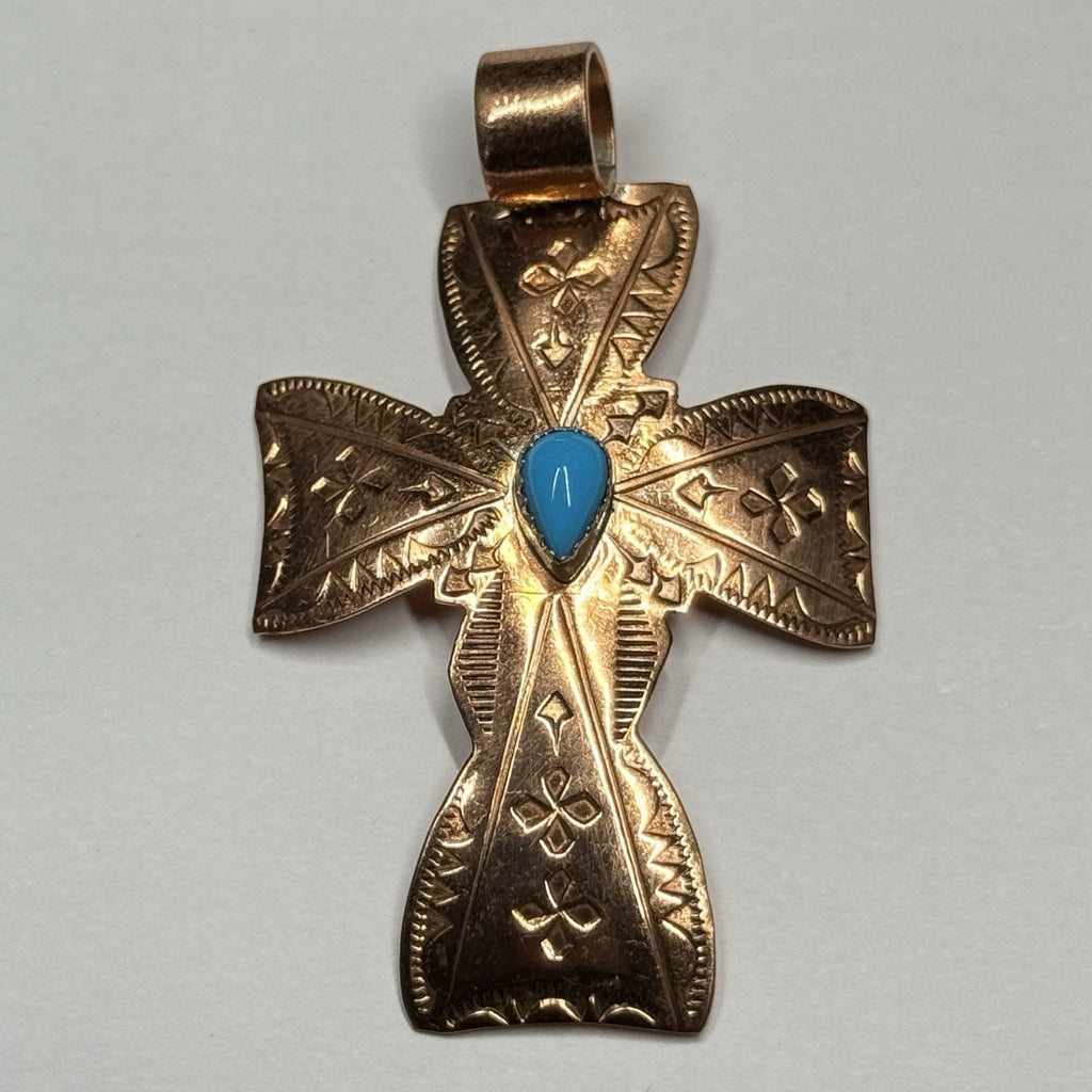 Running Bear Copper Turquoise One Stone Cross Pendant Stamped RB 925 Native
