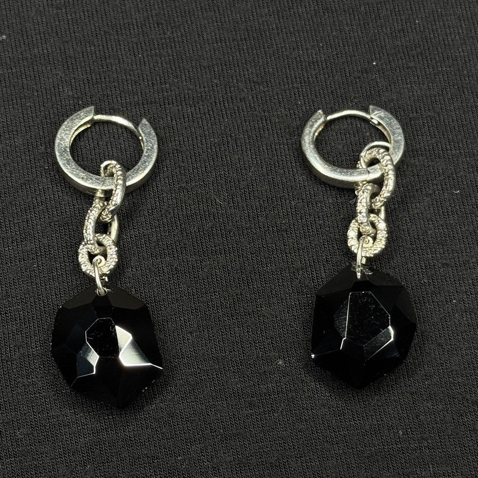 Estate Sterling Silver Earrings Black Stone Drop CZ 925