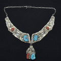 Native American Sterling Silver Turquoise Coral Bib Collar Necklace 925 JL 86g