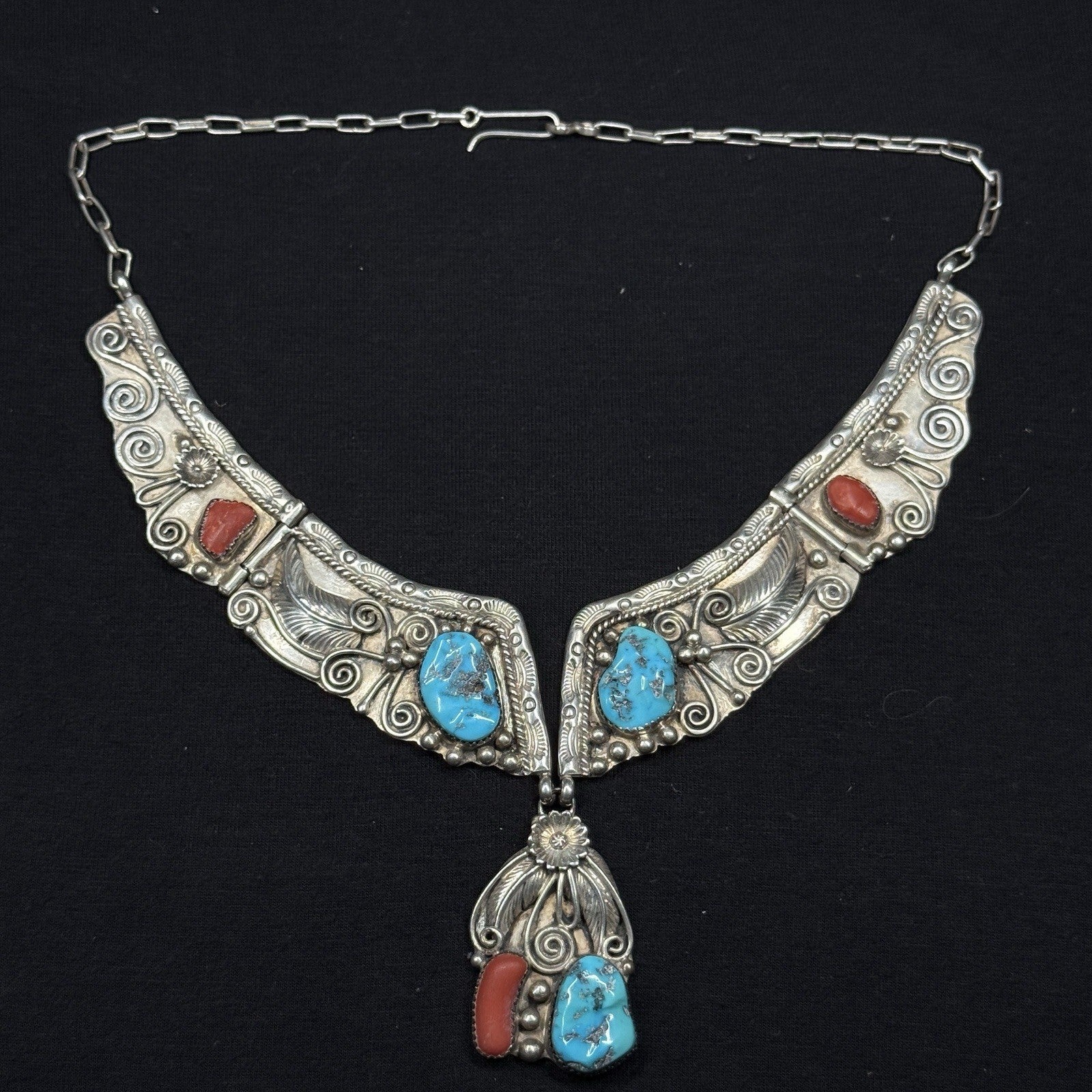 Native American Sterling Silver Turquoise Coral Bib Collar Necklace 925 JL 86g