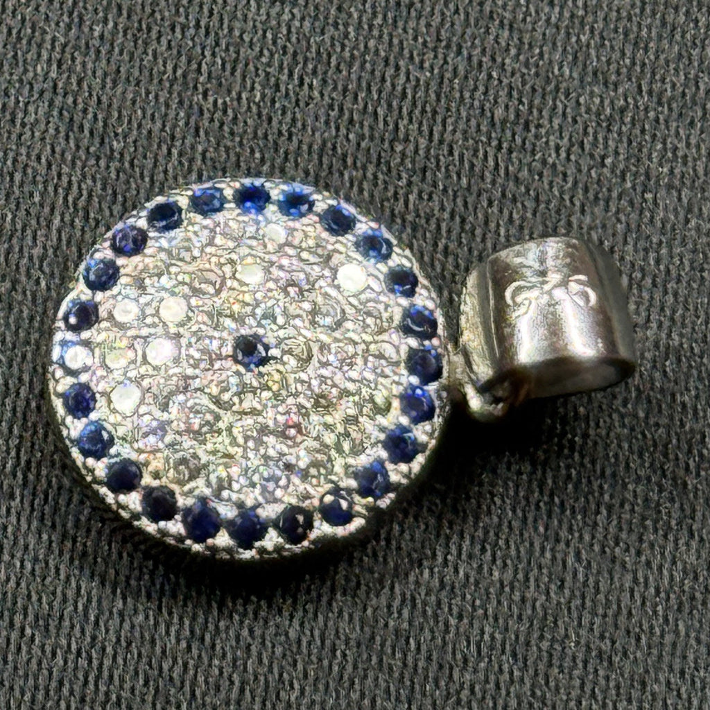 Sterling Silver 925 Round Pendant Blue CZ Halo Pave Disc