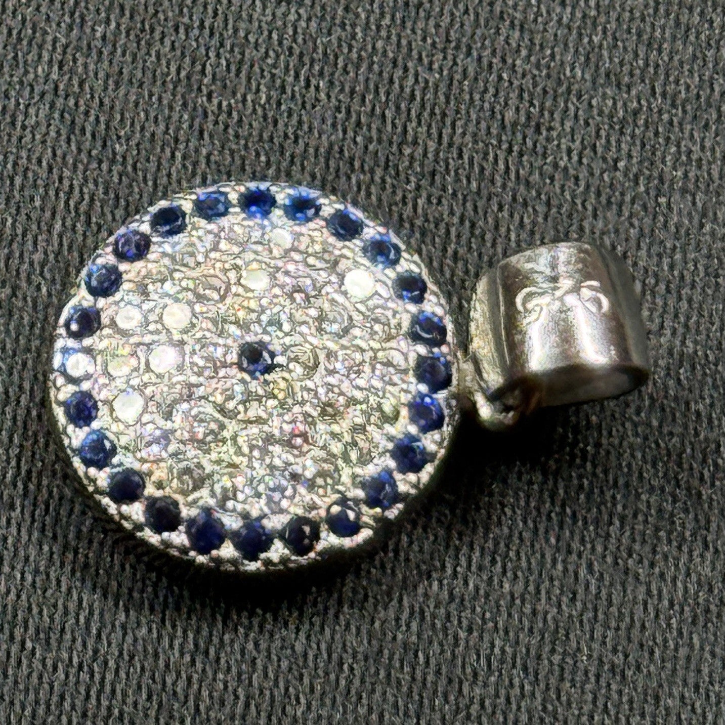 Sterling Silver 925 Round Pendant Blue CZ Halo Pave Disc