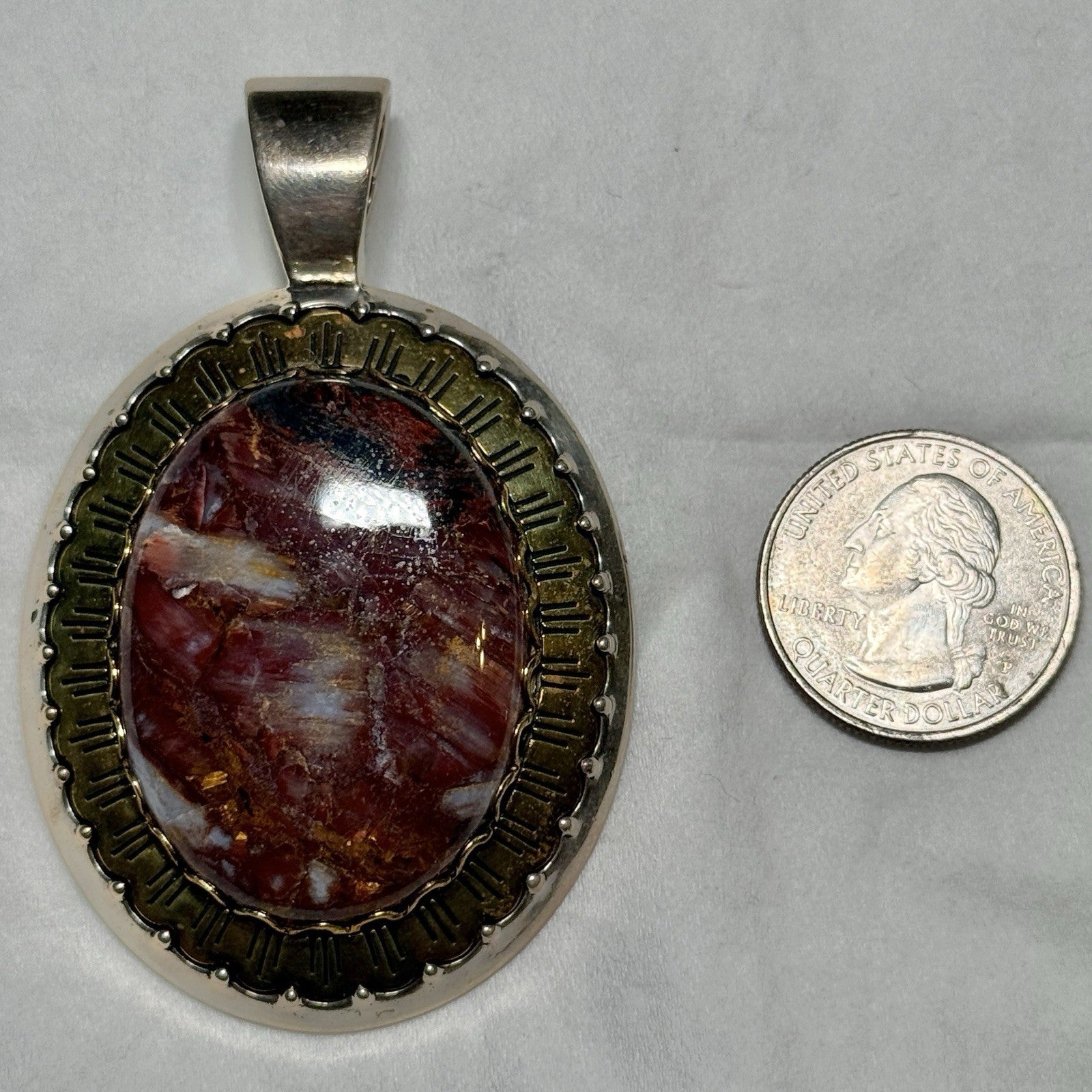 Relios/Carolyn Pollack Sterling & Brass  Large Brown Marbled Jasper Pendant