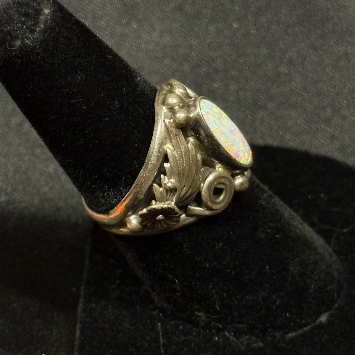 Native Running Bear Sterling Silver Ring White Fire Opal Signed RB Size 6.5