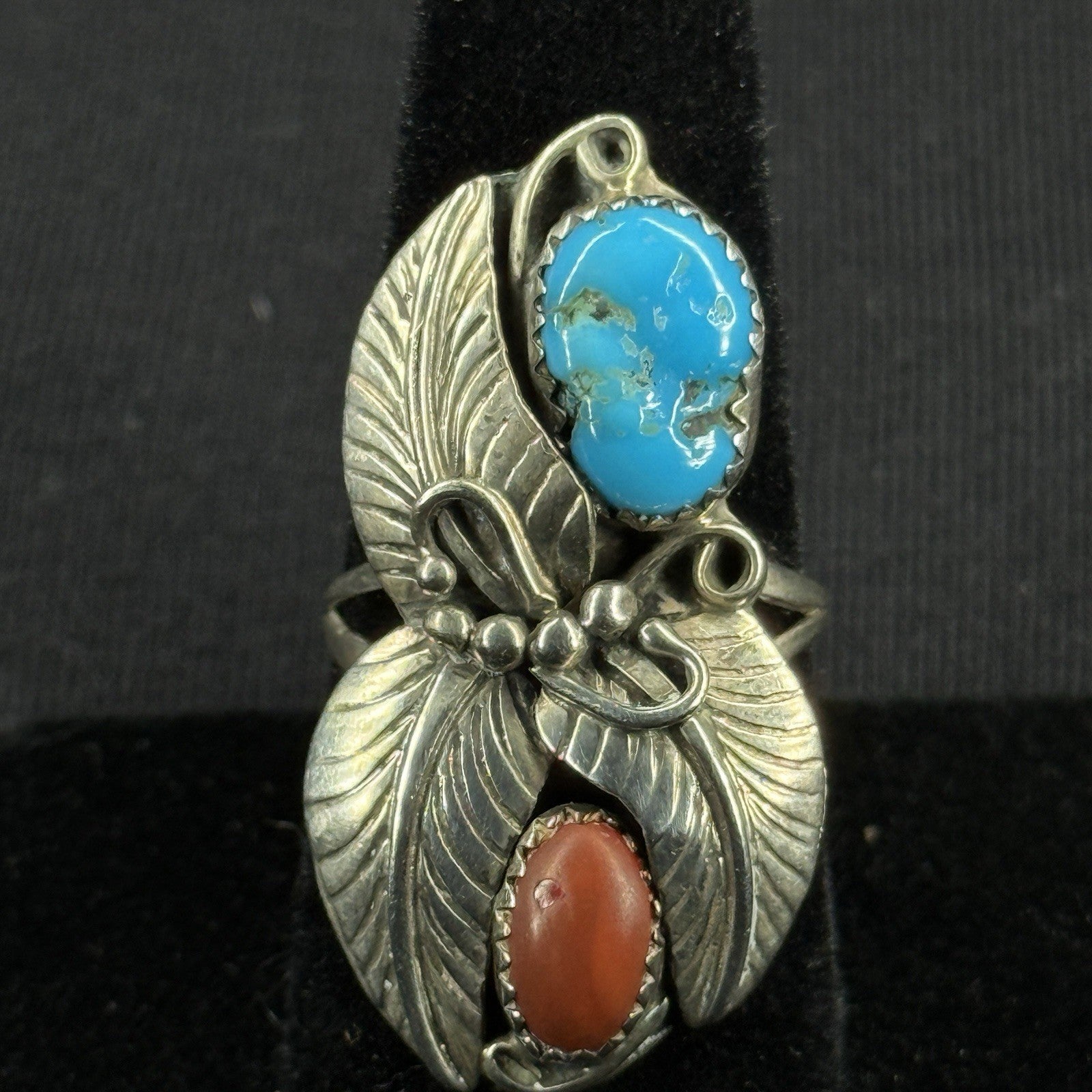 Native Turquoise Coral Feather Sterling Silver Ring Size 6.75 925 B Begay