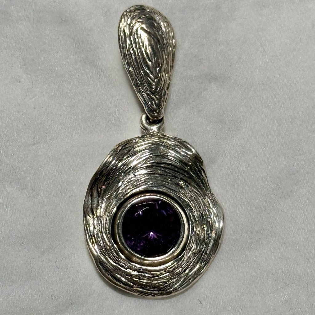 Sterling Silver Naturalist Wood Finish Amethyst Pendant 925 Israel Signed