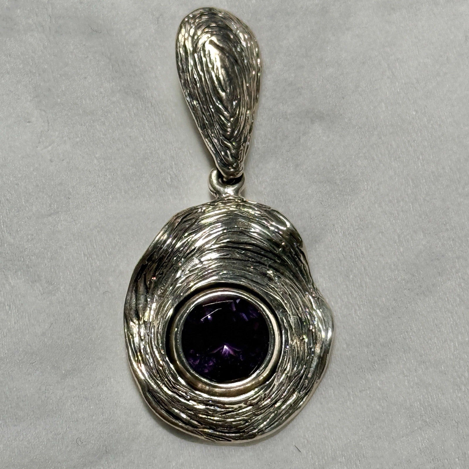 Sterling Silver Naturalist Wood Finish Amethyst Pendant 925 Israel Signed