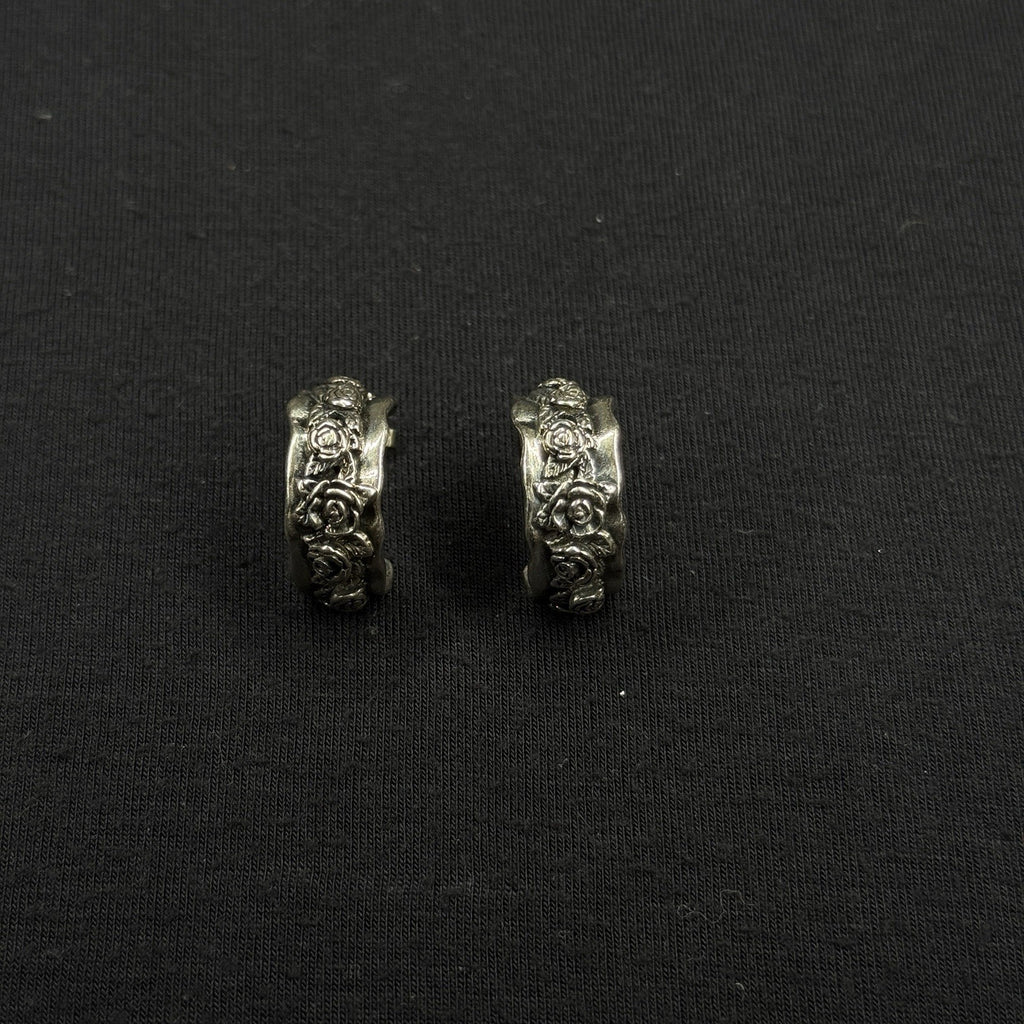 Estate Sterling Silver Earrings Floral  Half Hoop Stud 925 Israel