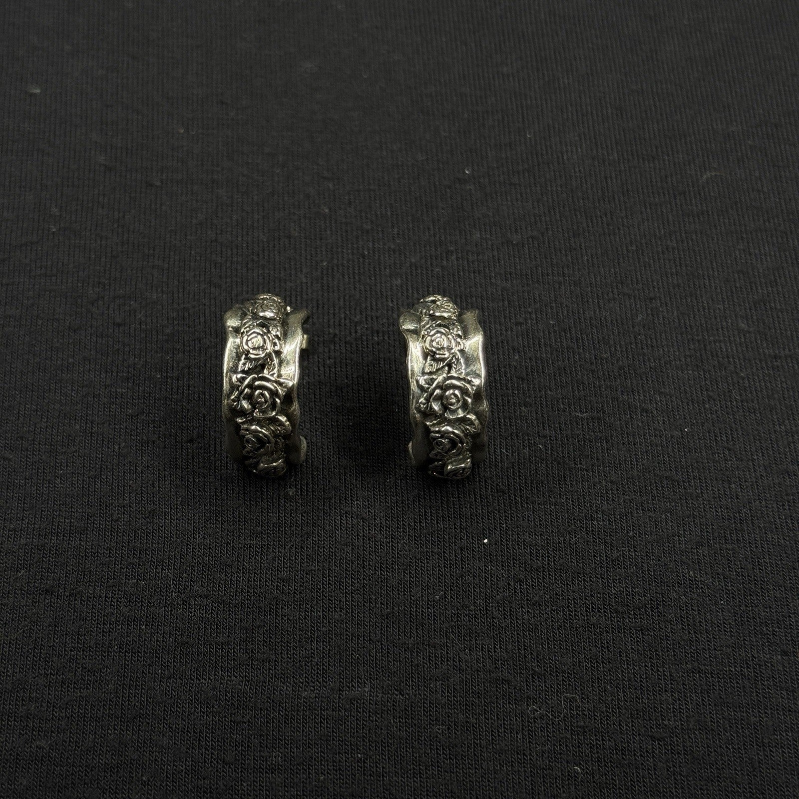 Estate Sterling Silver Earrings Floral  Half Hoop Stud 925 Israel