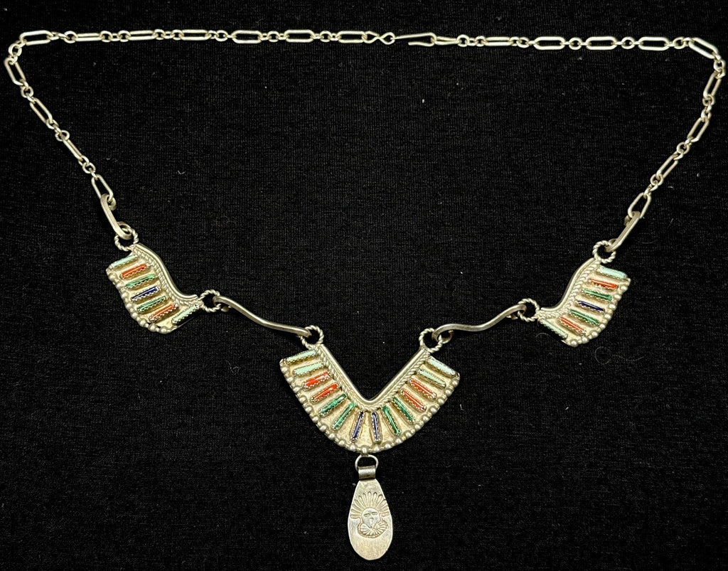 Zuni Native American Sterling Silver Multi Stone Needlepoint Bib Collar Necklace