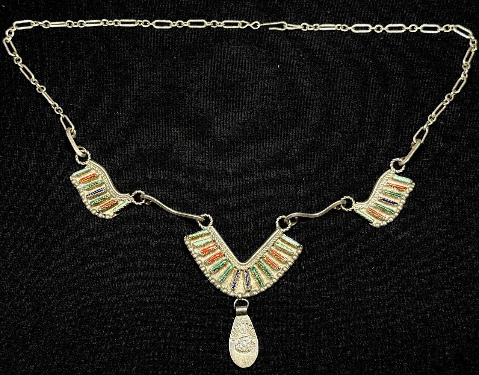 Zuni Native American Sterling Silver Multi Stone Needlepoint Bib Collar Necklace