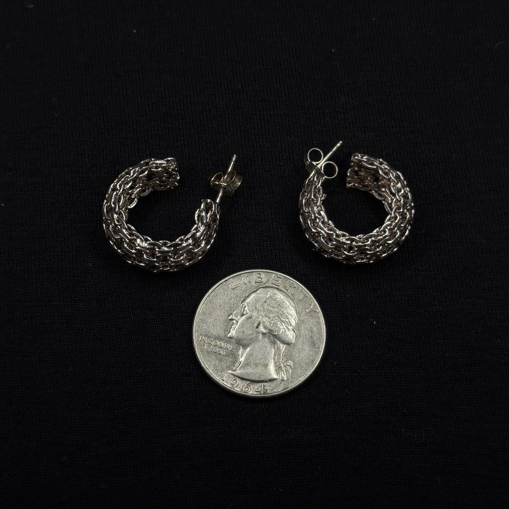 Estate Sterling Silver Earrings Wide Mesh Hoop Stud 925