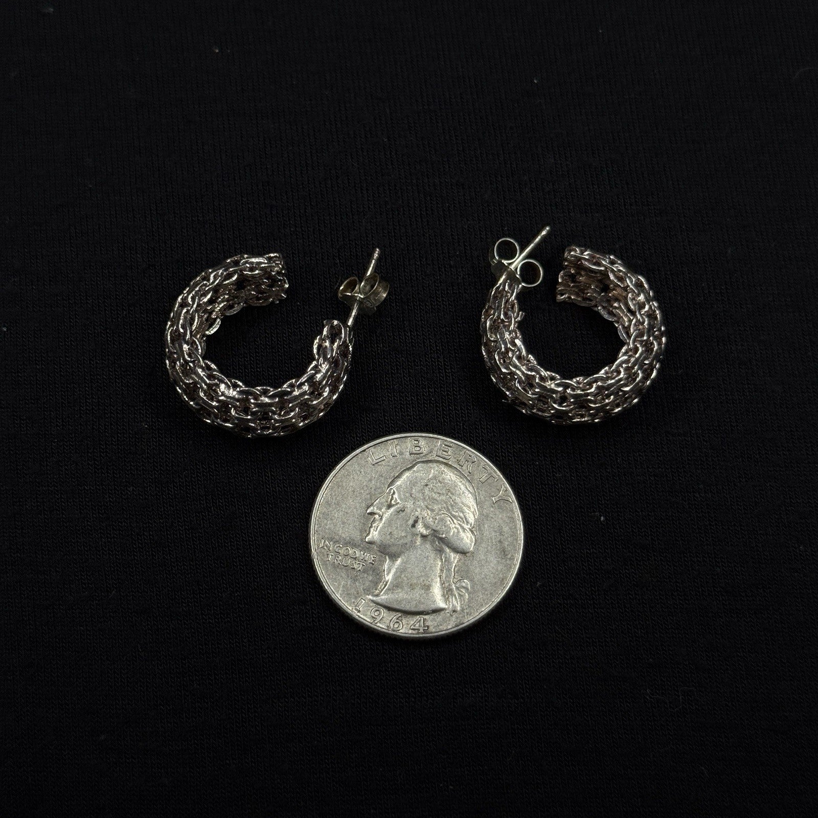 Estate Sterling Silver Earrings Wide Mesh Hoop Stud 925