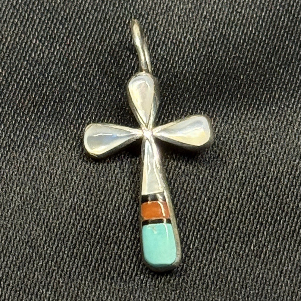 Native American Sterling Silver Pendant Inlay MOP  Coral Turquoise Signed KB
