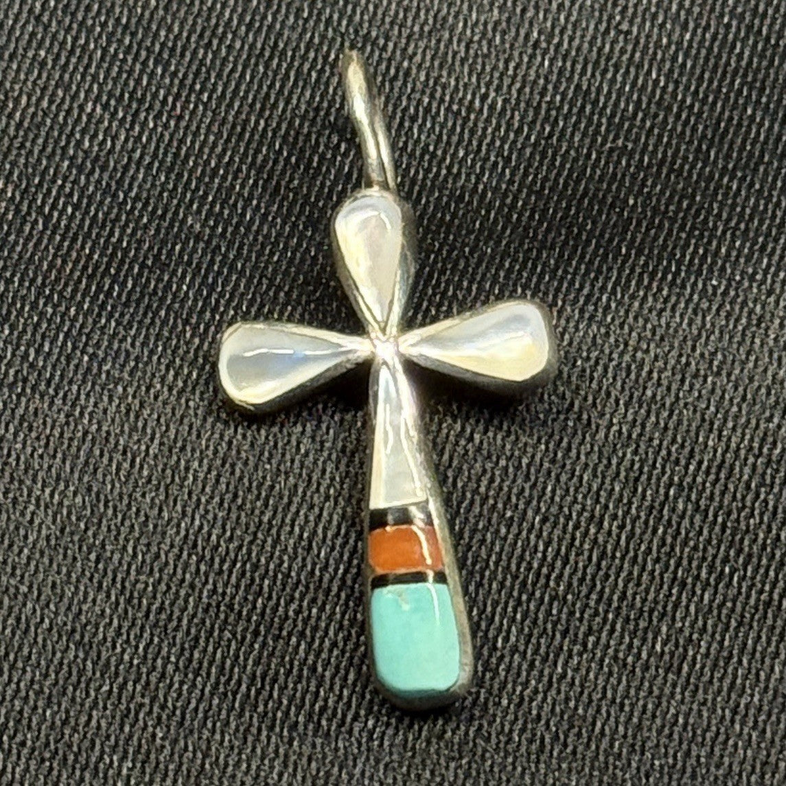 Native American Sterling Silver Pendant Inlay MOP  Coral Turquoise Signed KB