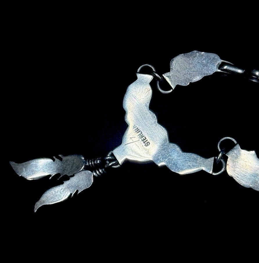 Estate Sterling Silver Necklace Native Navajo Turquoise Coral Feathers 925 20IN