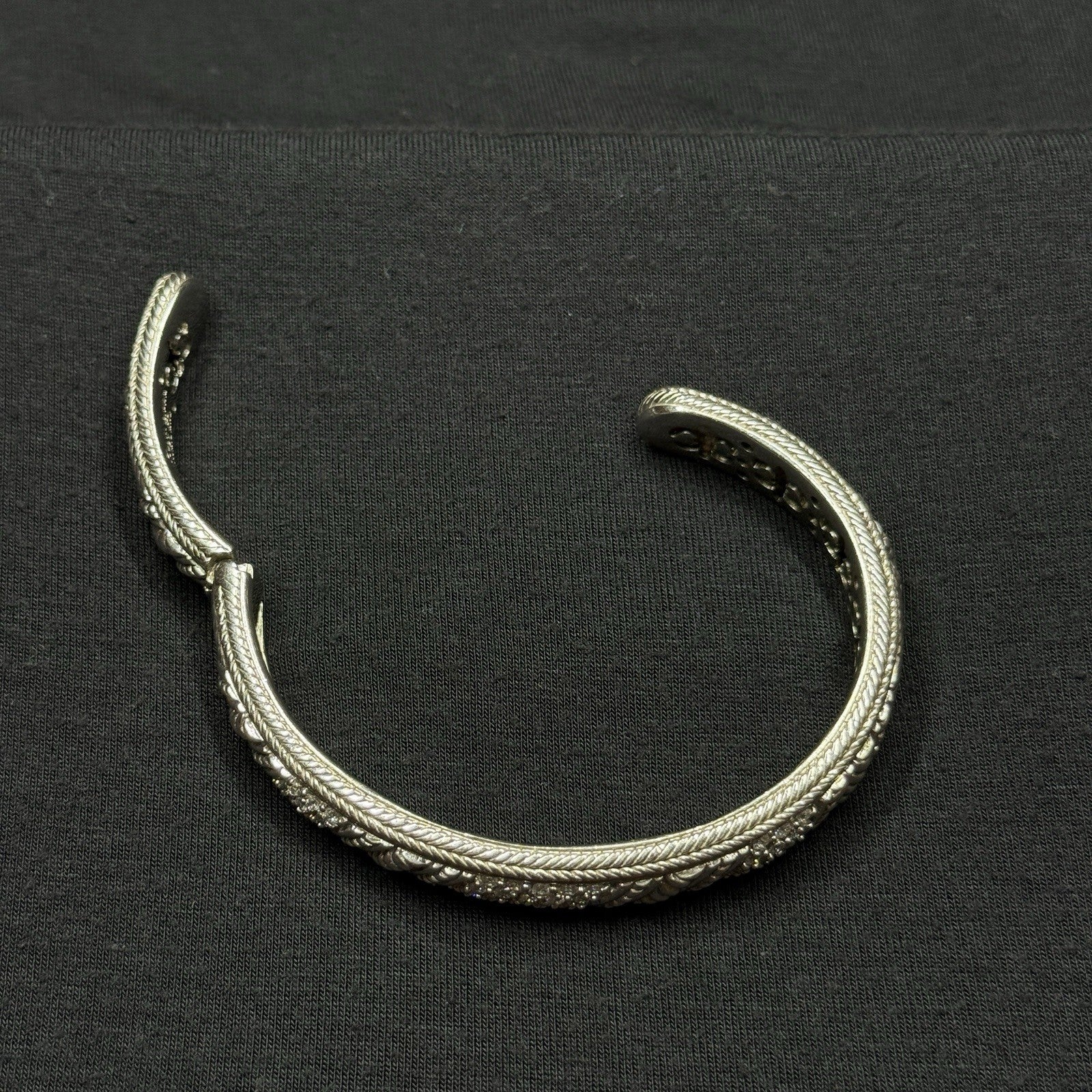 Estate Judith Ripka Sterling Silver Cuff Bracelet Rope Design CZ