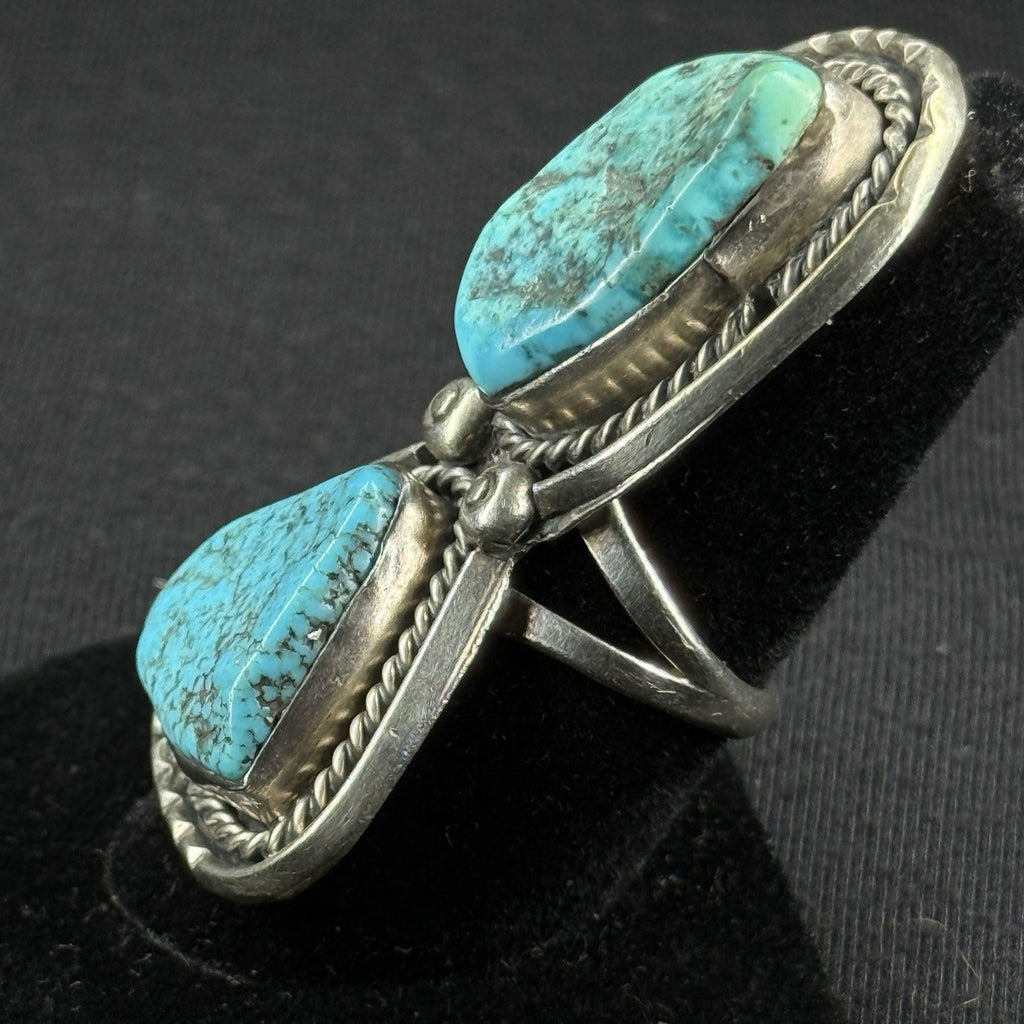 Large Native Double Turquoise Sterling Silver Ring Navajo Size 7 925 ZIT