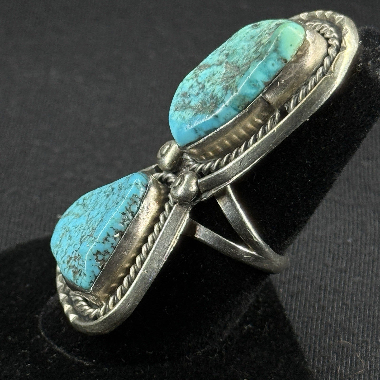 Large Native Double Turquoise Sterling Silver Ring Navajo Size 7 925 ZIT