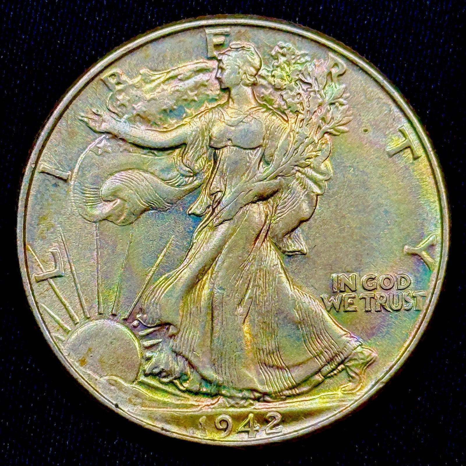 1942 Walking Liberty Half Dollar AU Pastel Toned Silver 50C